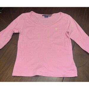 Vintage Y2K Ralph Lauren Sport Blue-Tag V Neck 3/4 Sleeve T Shirt Solid Pink M